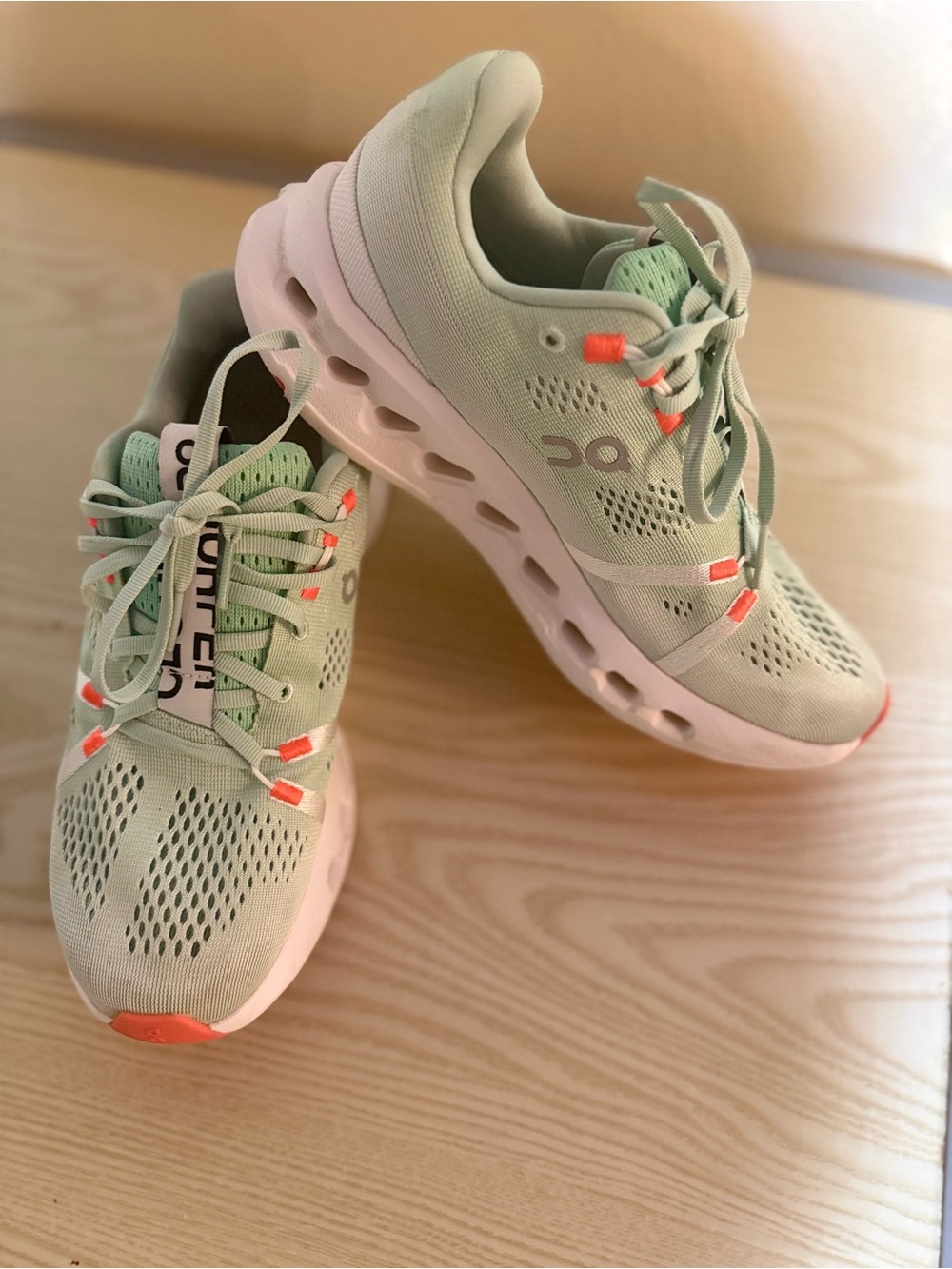 On Running Women's Mint Green Athletic Shoes with Coral Accents